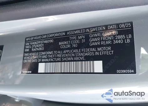 2026 Volvo Xc90 Ultra, B6 Awd Gas (Mild Hybrid), Gasoline, Bright, 7 Seats z USA, uszkodzony, nr VIN YV4062PF5T1460190